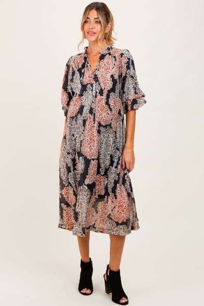 Umgee Black Floral Chiffon Front Tie Maternity Midi Dress