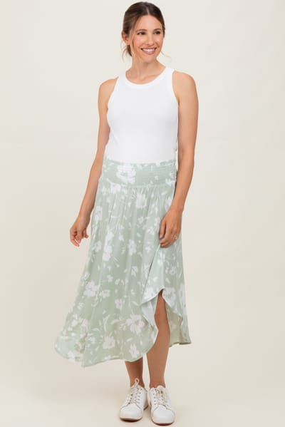 Final Touch Light Olive Floral Smocked Waist Round Hem Maternity Midi Skirts