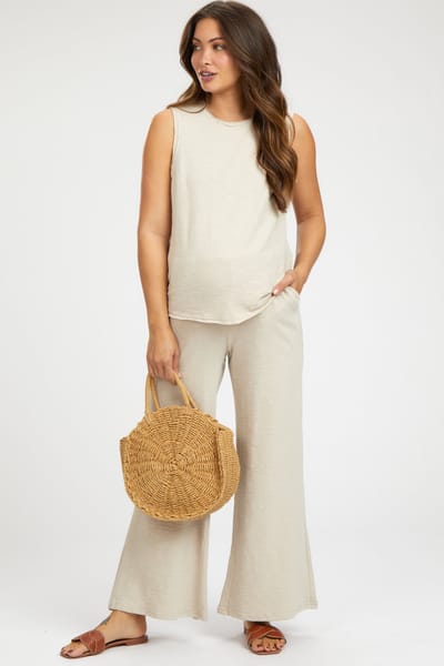 Listicle Beige Slub Knit Maternity Pants Set