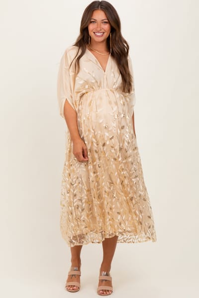 Dress Day Light Gold Embroidered Tulle Dolman V-Neck Maternity Midi Dress