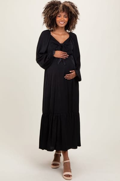 PinkBlush Black Bow Satin Maternity Maxi Dress