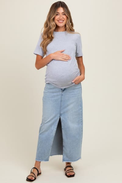 Risen Jeans Light Blue Front Slit Fringe Hem Maternity Denim Maxi Skirt