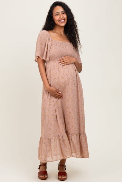 PinkBlush Mauve Floral Flutter Sleeve Ruffle Hem Maternity Midi Dress