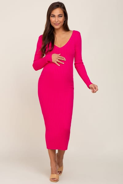 Rhea + Thea Fuchsia V-Neck Long Sleeve Fitted Maternity Maxi Dress