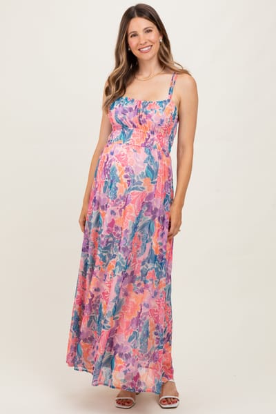 Love Stitch Coral Floral Strappy Back Maternity Maxi Dress