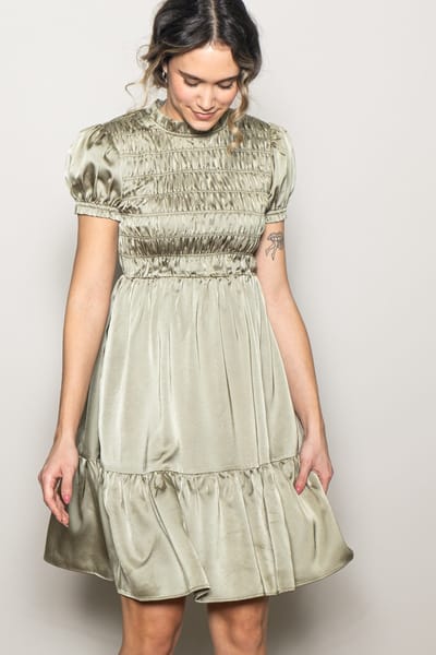 Elloh Light Olive Satin Smocked Mock Neck Dress