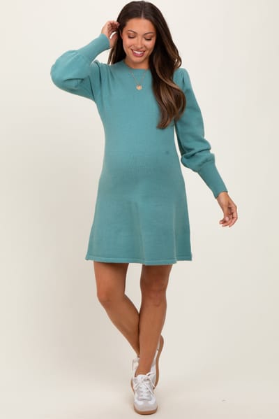 PinkBlush Light Olive Knit Bubble Sleeve Maternity Mini Dress