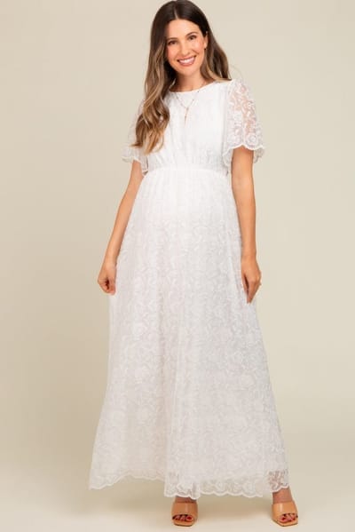 PinkBlush White Lace Sheer Lace Back Maternity Maxi Dress