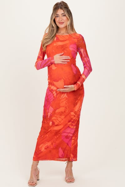 Nabae Clothing Coral Printed Mesh Open Back Maternity Maxi Dress