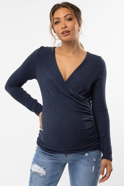 Heimious Navy Blue Brushed Knit Wrap Front Maternity Top