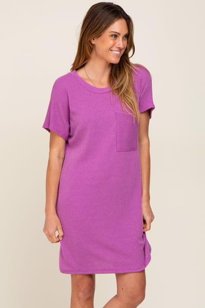 Rhea + Thea Violet Ribbed Front Pocket Dolman Short Sleeve Dress