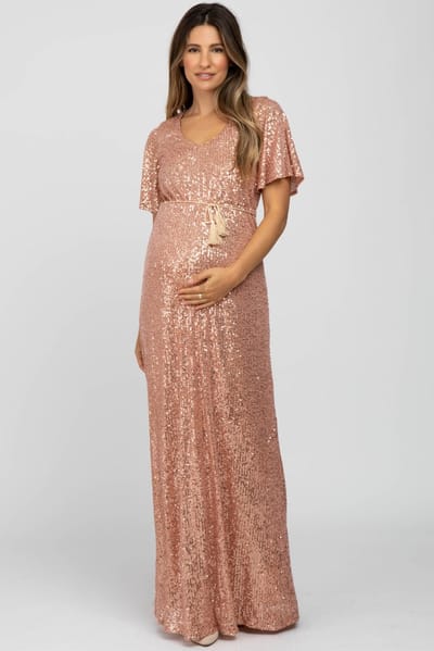 Ricarica Pink Sequin Short Sleeve Maternity Maxi Dress