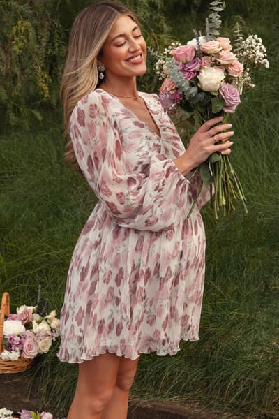 PinkBlush Cream Floral Chiffon Plisse Maternity Mini Dress