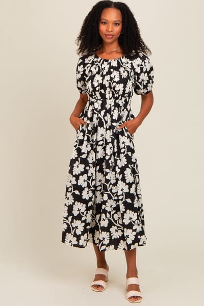 Polagram Black Floral Smocked Midi Dress
