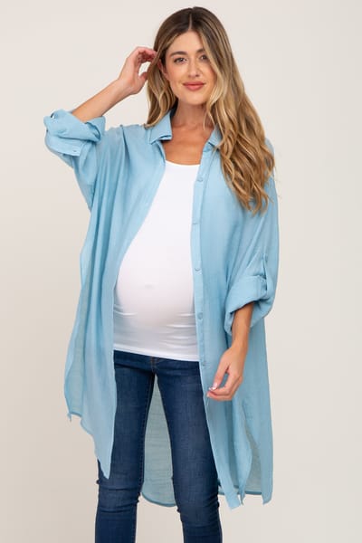 Bluivy Light Blue Button Front Side Slit Oversized Maternity Blouse