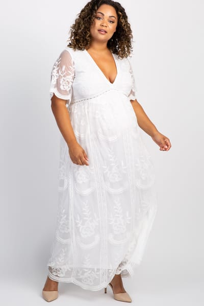 Vanilla Bay PinkBlush White Lace Mesh Overlay Plus Maternity Maxi Dress