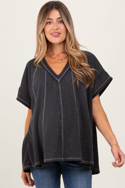 Rhea + Thea Charcoal Striped Ribbed V-Neck Oversized Short Sleeve Maternity Top