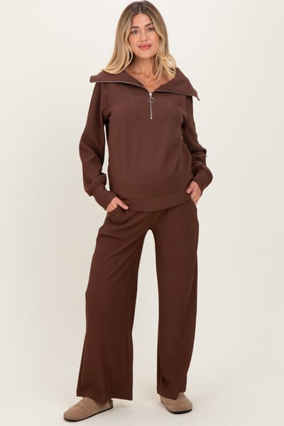 PinkBlush Brown Ribbed Half Zip Pullover Wide Leg Pant Maternity Set