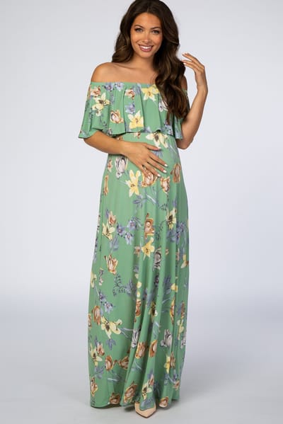 Hello Miz Sage Floral Off Shoulder Maternity Maxi Dress