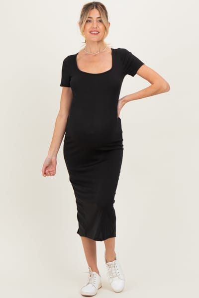 Shop Iris Basic Black Ribbed Fitted Maternity Midi Dress