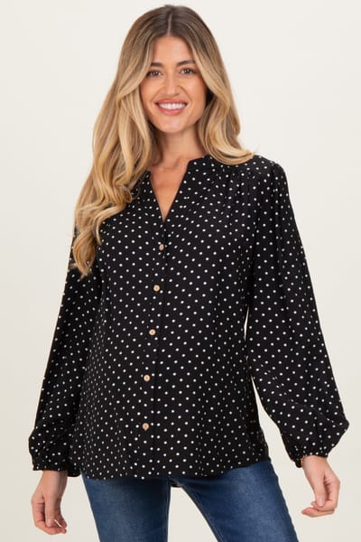 PinkBlush Black Polka Dot Long Sleeve Button Down V-Neck Maternity Top