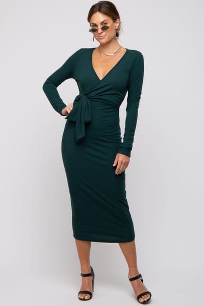 Rhea + Thea Forest Green Ribbed Long Sleeve Wrap Dress
