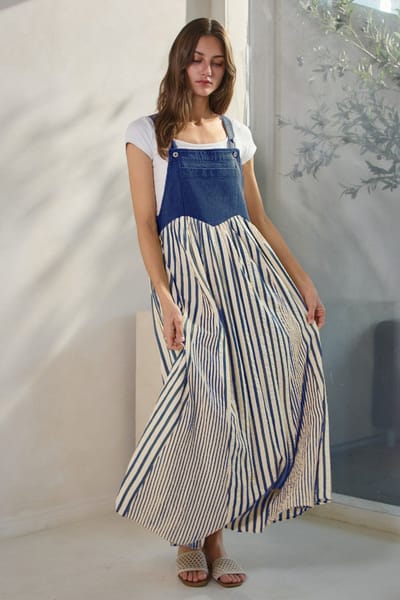 ODDI Blue Striped Colorblock Denim Contrast Maxi Dress