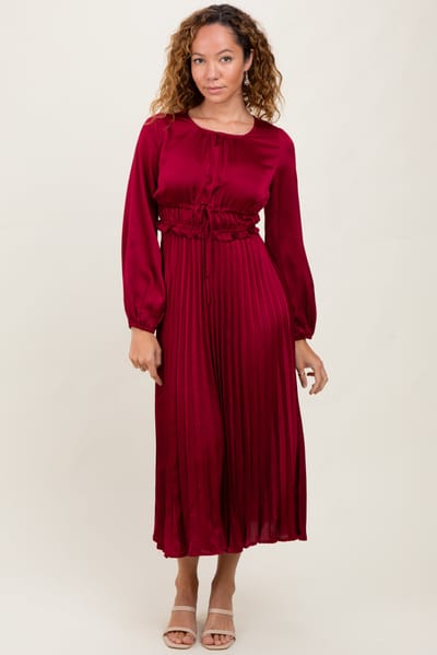 Dress Day Burgundy Pleated Satin Smocked Waist Midi Dress