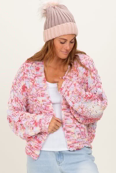 BiBi Pink Multicolor Chunky Knit Open Front Cardigan
