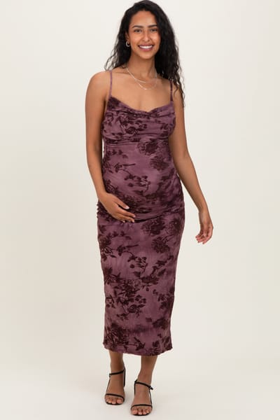 Privy Mauve Floral Mesh Cowl Neck Maternity Midi Dress