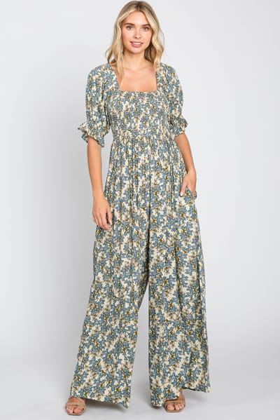Elloh Cream Floral Smocked Jumpsuit