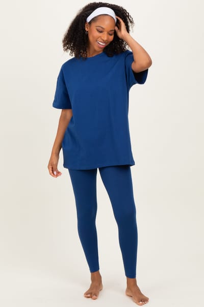 Zenana Outfitters Navy Oversized Crewneck Short Sleeve and Legging Set