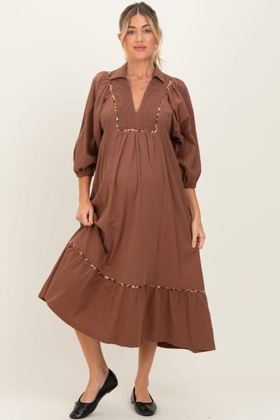 PinkBlush Brown V-Neck Contrast Trim 3/4 Sleeve Maternity Midi Dress