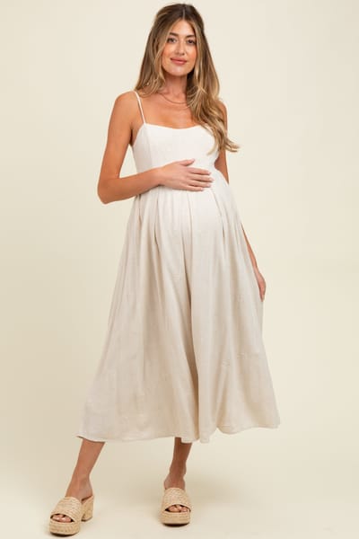 Klesis Beige Linen Ribbon Pattern Embroidered Maternity Midi Dress