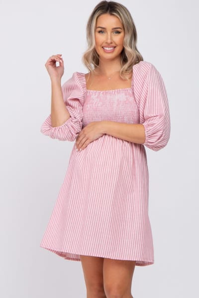 BiBi Mauve Striped Smocked Puff Sleeve Maternity Dress