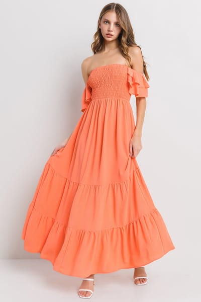 Ces Femme Orange Smocked Ruffle Off Shoulder Tiered Maxi Dress