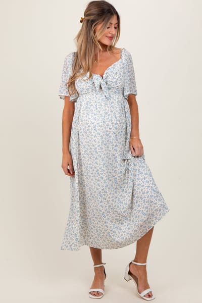In February Blue Floral Front Tie Maternity Midi Dress