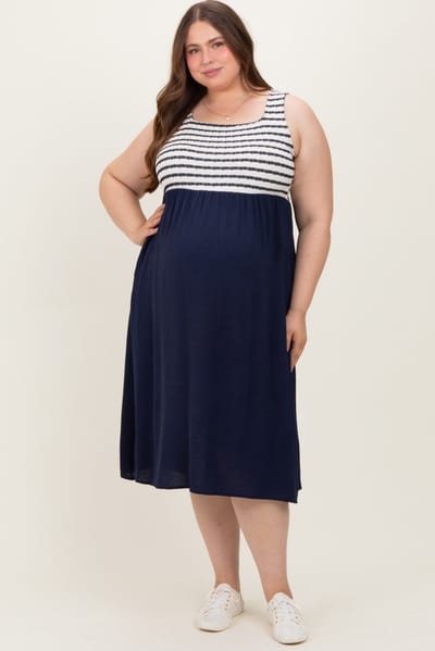 PinkBlush Navy Striped Fit And Flare Sleeveless Plus Maternity Midi Dress
