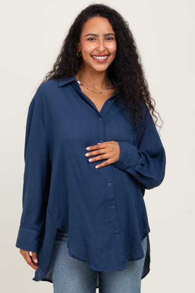 Miss Love Navy Lightweight Sheer Button Down Maternity Blouse