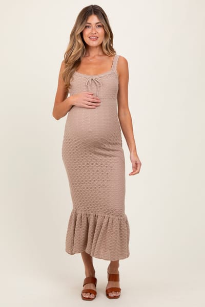 Mable Light Taupe Crochet Knit Front Tie Maternity Midi Dress