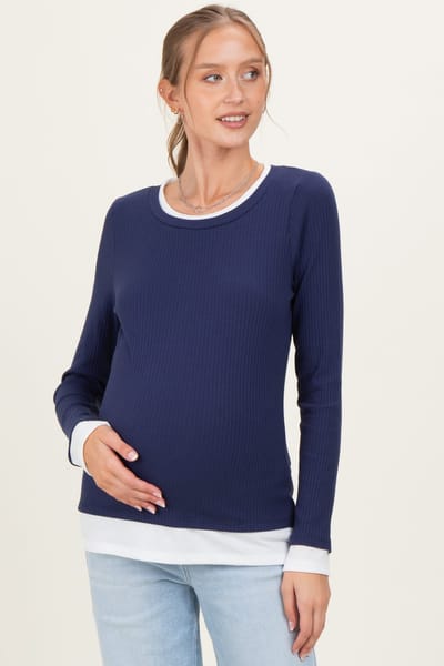 PinkBlush Navy Ribbed Long Sleeve Double Layer Maternity Top