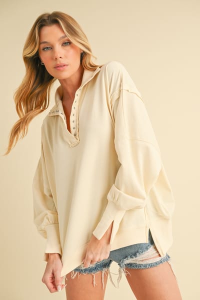 Aemi + Co Cream Snap Button Pullover Henley Sweatshirt