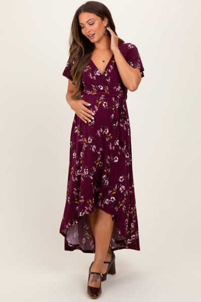 Tua Burgundy Floral Short Sleeve Wrap Hi-Low Maternity Maxi Dress
