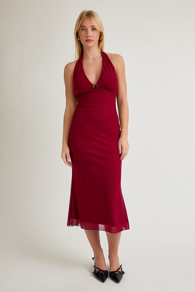 Le Lis Red Mesh Pendant Halter Midi Dress