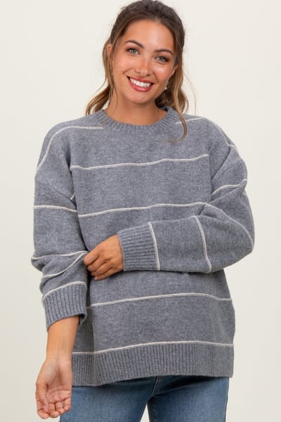 PinkBlush Heather Grey Striped Drop Shoulder Maternity Sweater