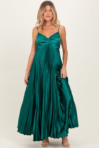 PinkBlush Forest Green Pleated Satin Sleeveless Maternity Maxi Dress