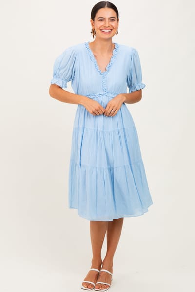 Jodifl Light Blue Ruffle Trim Tiered Dress
