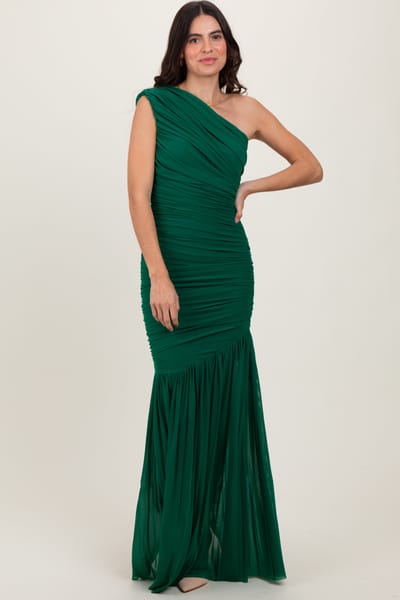 Cameo Forest Green Ruched Mesh One Shoulder Maxi Dress