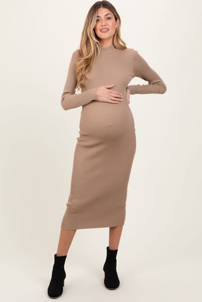 Blu Pepper Light Taupe Mock Neck Fitted Ribbed Knit Maternity Midi Dress