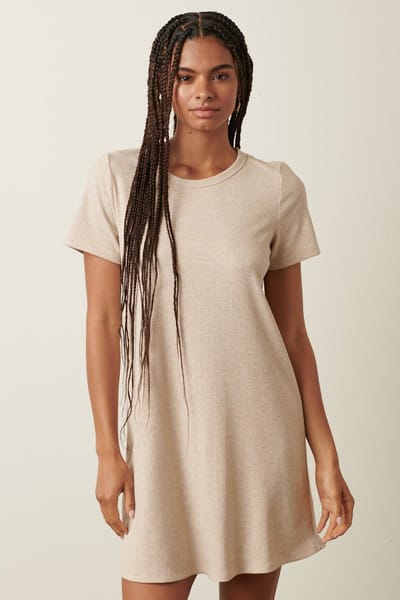 Rhea + Thea Beige Ribbed Knit Basic Short Sleeve T-Shirt Dress